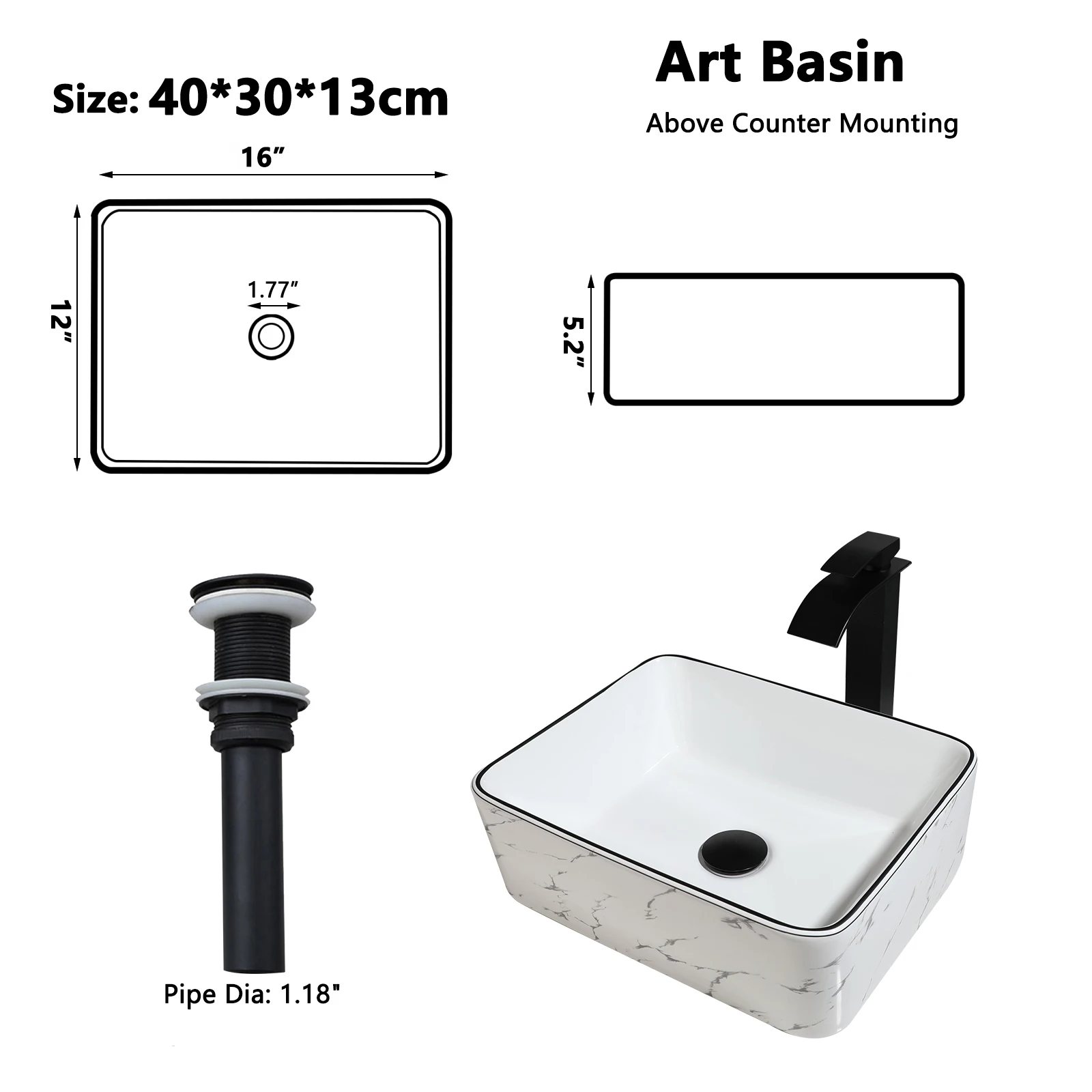 ZAPPO White Marbling Bathroom Sinks 16 inch Ceramic Vessel Sink Above Counter Bathroom Vessel Sink with Faucet and Drain Combo 4