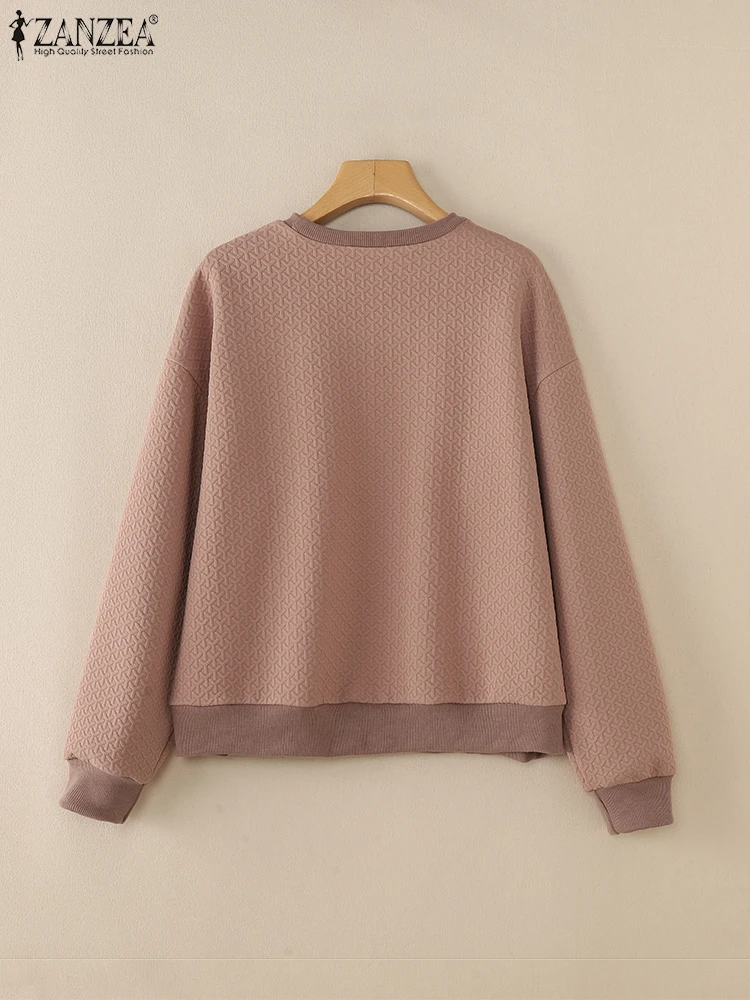 ZANZEA Women Long Sleeve Textured Sweatshirts 2025 Spring Loose Casual Crew Neck Pullover Tops Streetwear Solid Color Hoodies 2