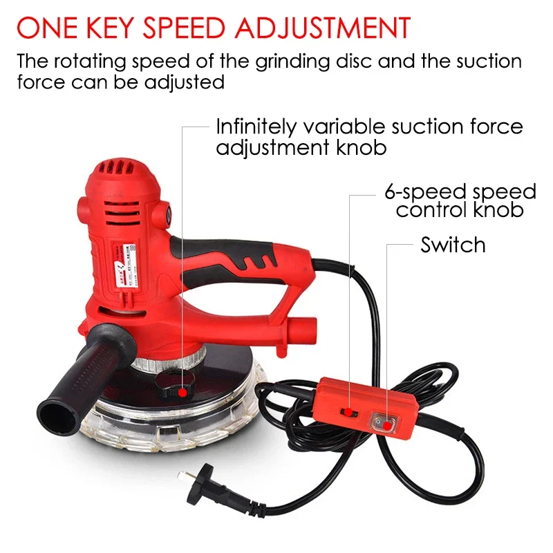 1250W Electric Drywall Sander with Lamp Wall Putty Polisher Self-Priming Dust-Free Grinding Machine Grinder for Home Decoration