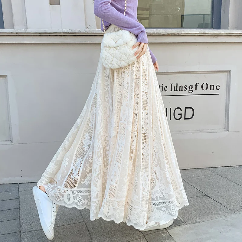 

Crocheted Openwork Lace Skirt Female Summer New High Waist Slim Long Solid Color Big Swing Skirts Women