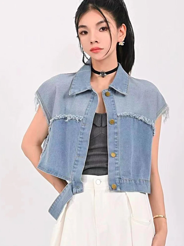 

Женская короткая джинсовая рубашка, куртка в стиле пэчворк, жилет из денима, женский жилет, Женский Топ без рукавов, 2023, 2023