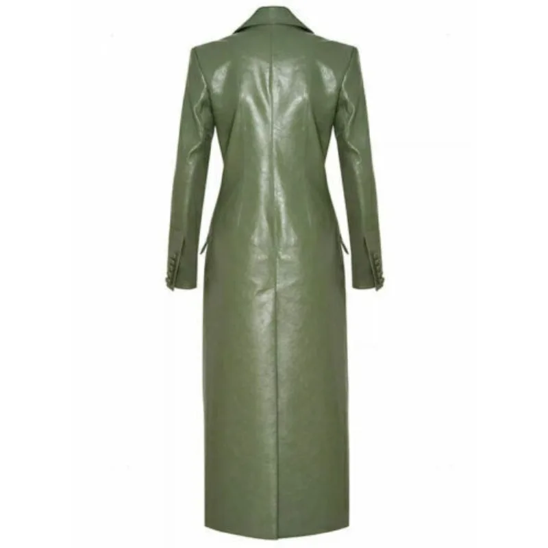 Luxury Women's Green Leather Pure Sheepskin Chelsea Leather Longcoat Fashion Trends