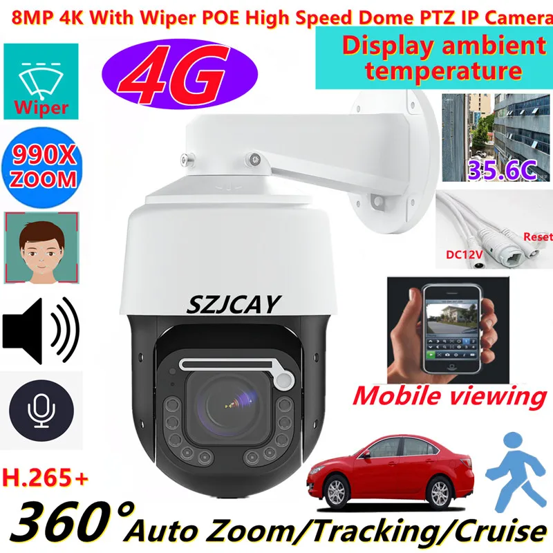 4G Sim Card 8MP 4K High Speed Dome PTZ With Wiper IP Camera Outdoor 990X Zoom Auto Zoom Tracking Temperature display CCTV Camera planet ica a4280 h 265 1080p smart ir dome ip camera with artificial intelligence face recognition face detection tracking comparison intrusion