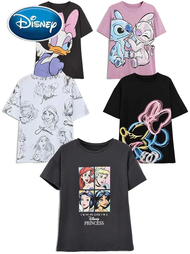 

Disney Family T-Shirt Fashion Winnie the Pooh Mickey Mouse Stitch Fairy Dumbo SIMBA Cartoon Print Women T-Shirt Cotton Tee Tops