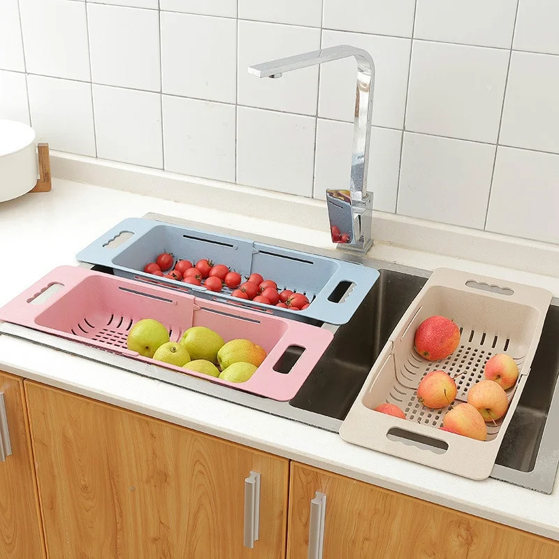 

Adjustable Dish Drainer Sink Drain Basket Washing Organizer Vegetable Fruit Plastic Drying Rack Kitchen Storage Baskets