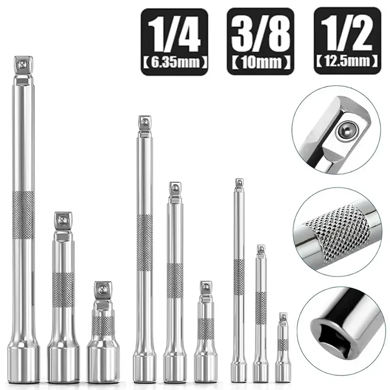 Socket Ratchet Wrench Extension Bar 1/4" 3/8" 1/2" 50/75/100/125/150/250mm Long Bar Steering Sleeve Connecting Rod Accessories