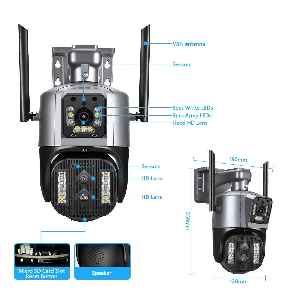 MOVOLS 8MP Three Lens WIFI IP Camera 10X Optical Zoom Outdoor PTZ Auto Tracking