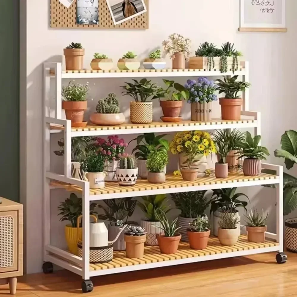 Flower Rack Indoor Floor Standing Multi-Storey plant stand wooden flower shelf With Wheels Adjustable Outdoor Multi Functional Balcony Storage Rack