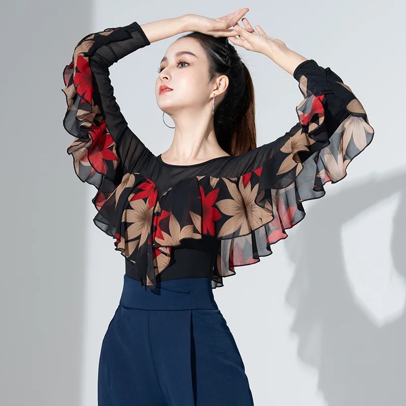 Adult Women Ballroom Costume Modern Latin Dance Top Chest Pad Long-sleeved Chiffon Lady Sexy Mesh Fabric Dancewear girl dance costume