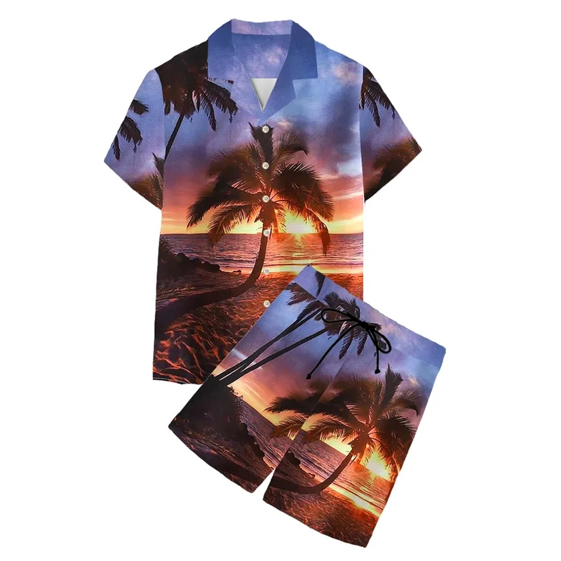 

Men's Summer T-Shirts Coconut Palm Scenery Hawaiian Shirt Set For Men/Women Casual Beach Shirts Short Sleeve Oversized Shirt Set
