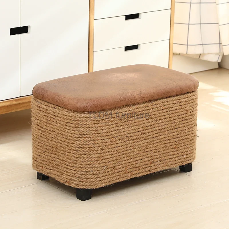 

Modern Shoe Changing Stool Storage Minimalist Living Room Foot Step Design Foot Stool Jute Made Braided Cushion Mueble Furniture