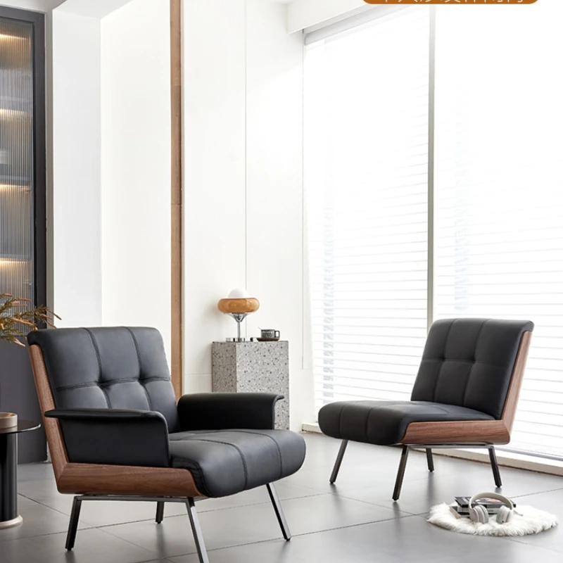 

Leather Single-Seat Sofa Chair Recliner Lazy Light Luxury Small Apartment Modern Minimalist Nordic Solid Wood Living Room