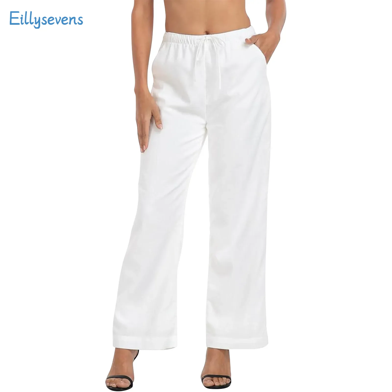 

Summer Wide-Legged Pants Casual Loose High-Waisted Straight Trousers With Pockets Drawstring Elastic Waist Daily All-Match Pants