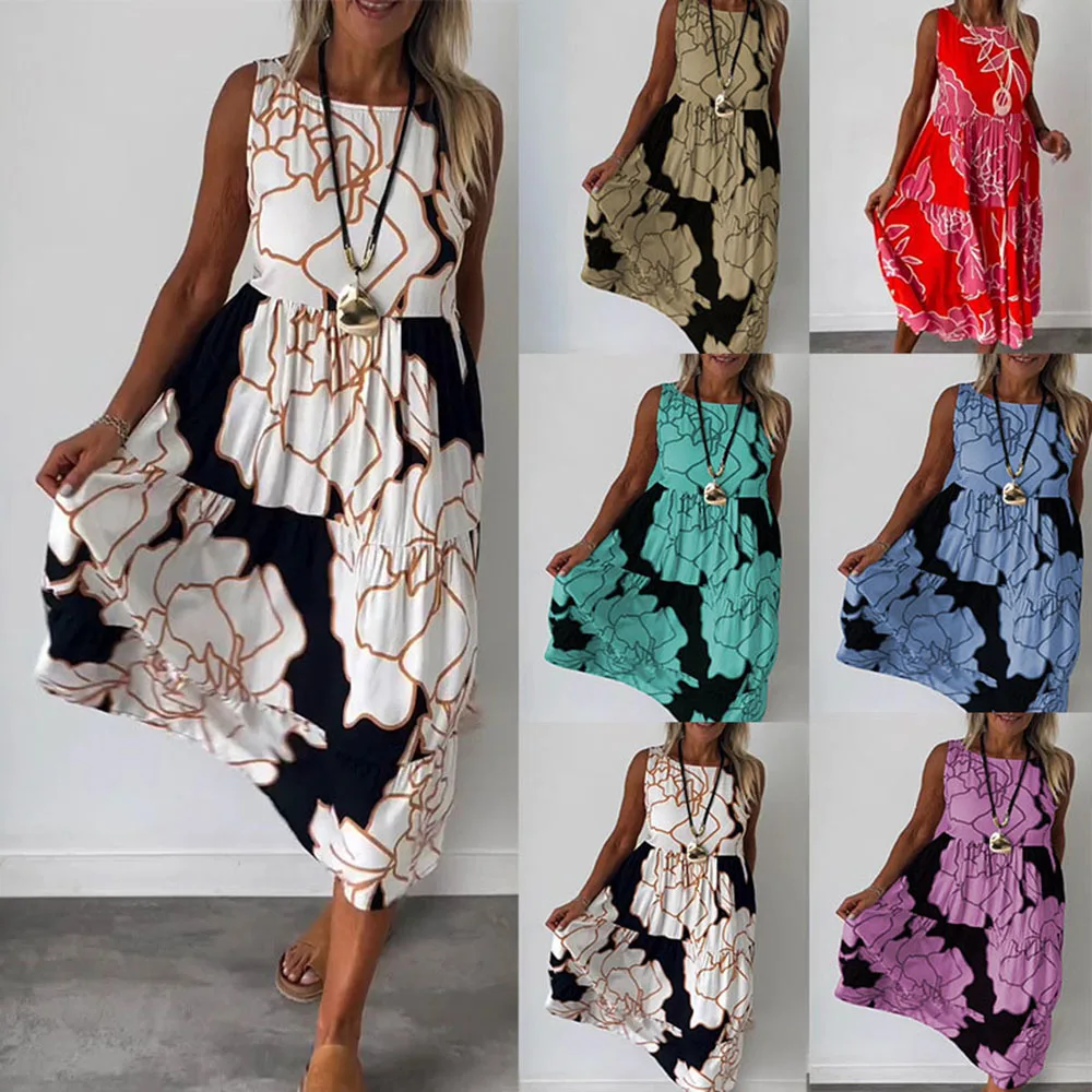 

Summer Printed Dress Women Bohemian Sundress Fashion Sleeveless Holiday Robe Casual O Neck Party Vestidos Tanks Dresses