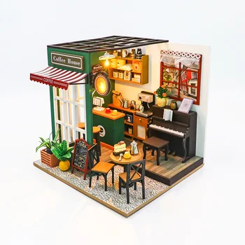 DIY 3D Puzzles Wooden Toy Miniature Dollhouse Handmade Doll House Model Building Kits Coffee House Toys For Children Gifts 1