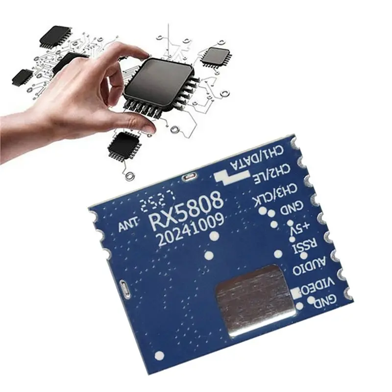 Détail du module récepteur audio-vidéo sans fil RX5808 5.8G VRX pour systèmes FPV, montrant les circuits imprimés.