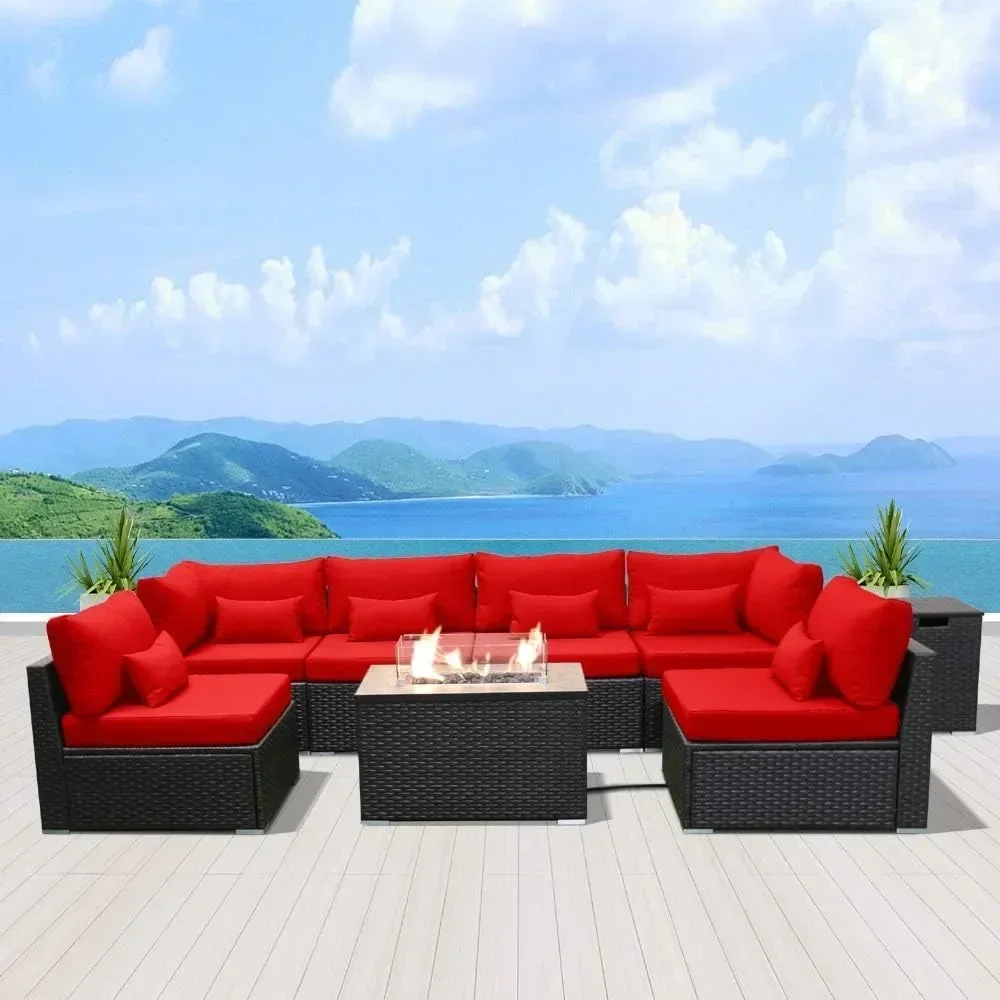 Furniture Sectional Sofa with Gas Fire Pit Table Outdoor Patio Furniture Sets Propane Fire Pit red-Rectangular Garden Sofas 4