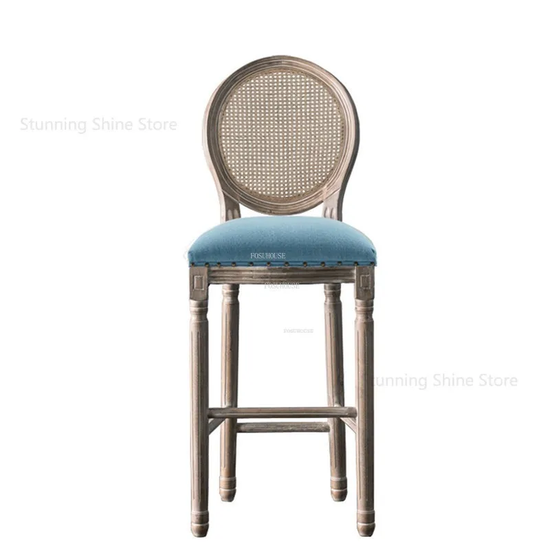 European Antique Bar Stools Home Bar Furniture Solid Wood Chairs American Retro Backrest High Chair Villa Chair for Kitchen