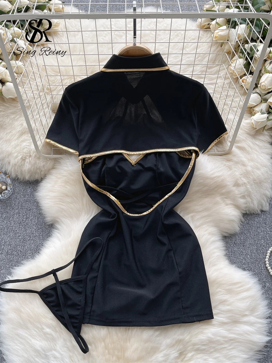 SINGREINY Female Police Uniform Porn Suits Sexuality Women Pocket Buttons  Split Mini Dress+Thongs Cosplay Erotic Sexy Nightsuit