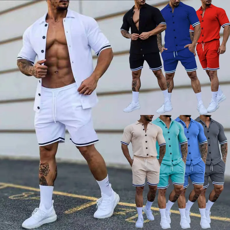 

Men's Summer New Solid Color Lapel Button Up Short Sleeved Shorts Cardigan Sports Set