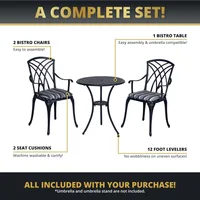 Outdoor Bistro Set 3 Piece Outdoor Bstro Table and Chairs Set Table with Umbrella Hole, Cushions, Cast Aluminum Patio Furniture 1