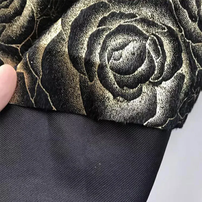 블랙 짧은 봉제 표면 골드 로즈 패턴 인쇄 PU 가죽 원단, 바느질 재료, DIY 가방, 무대 의류 디자이너 원단
