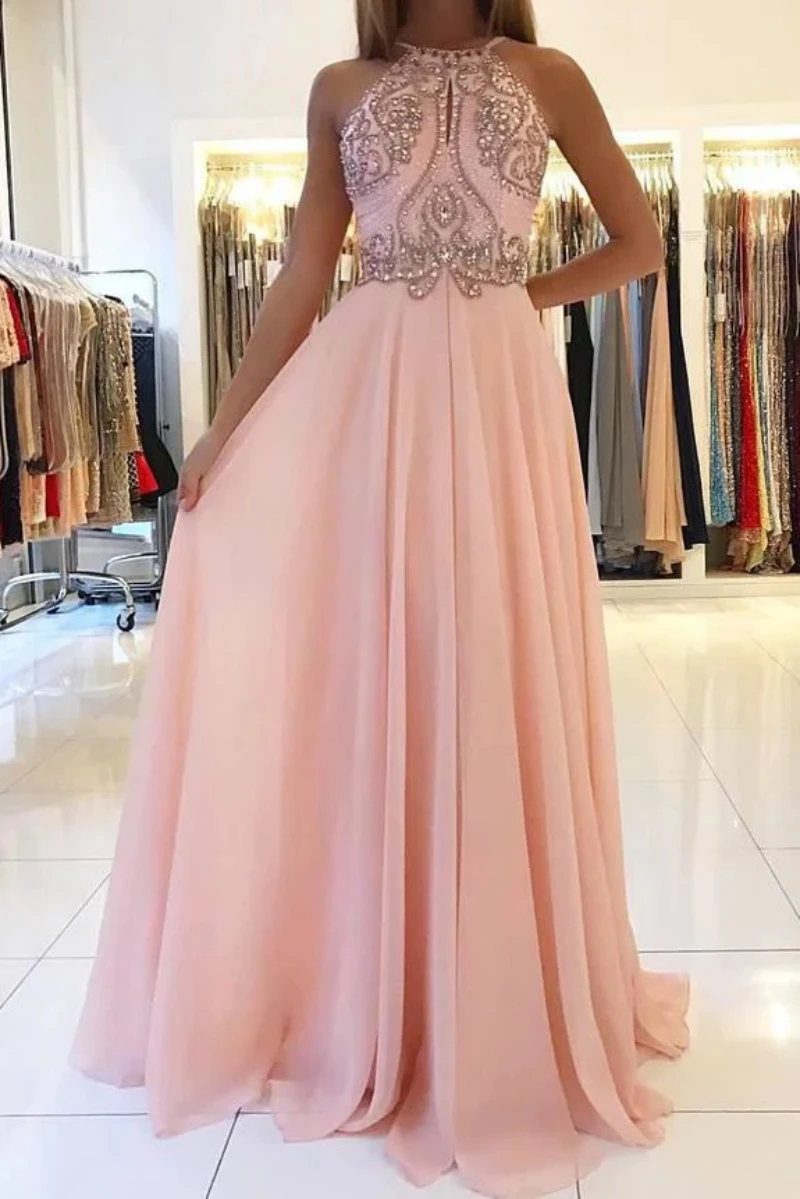 

Ashely Alsa Sexy Backless Formal Evening Dresses Long Beading A Line Chiffon Boho Women Special Occasion Party Dress Prom Gown