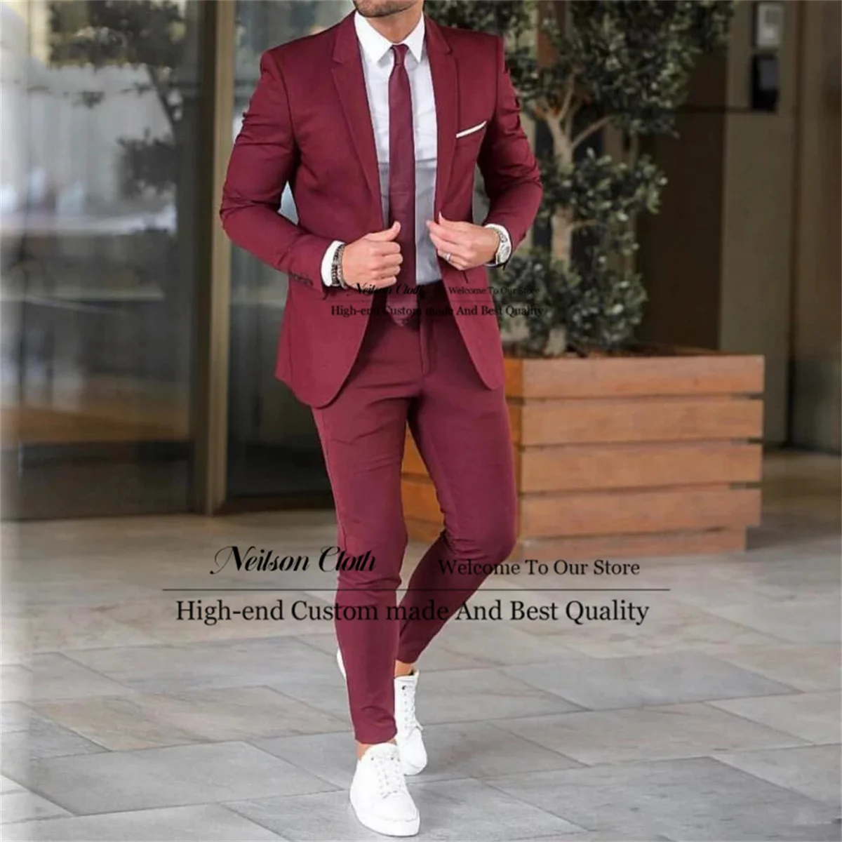 

Formal Burgundy Men Suits Notched Lapel Groom Wedding Tuxedos 2 Pieces Sets Business Male Prom Blazers Slim Fit Costume Homme