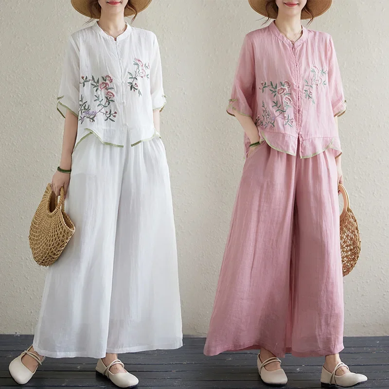 레트로 중국 스타일 헤비 자수 린넨 스탠드 칼라 젠 버튼 오픈 가디건 와이드 레그 팬츠 세트 전통 문화 패션