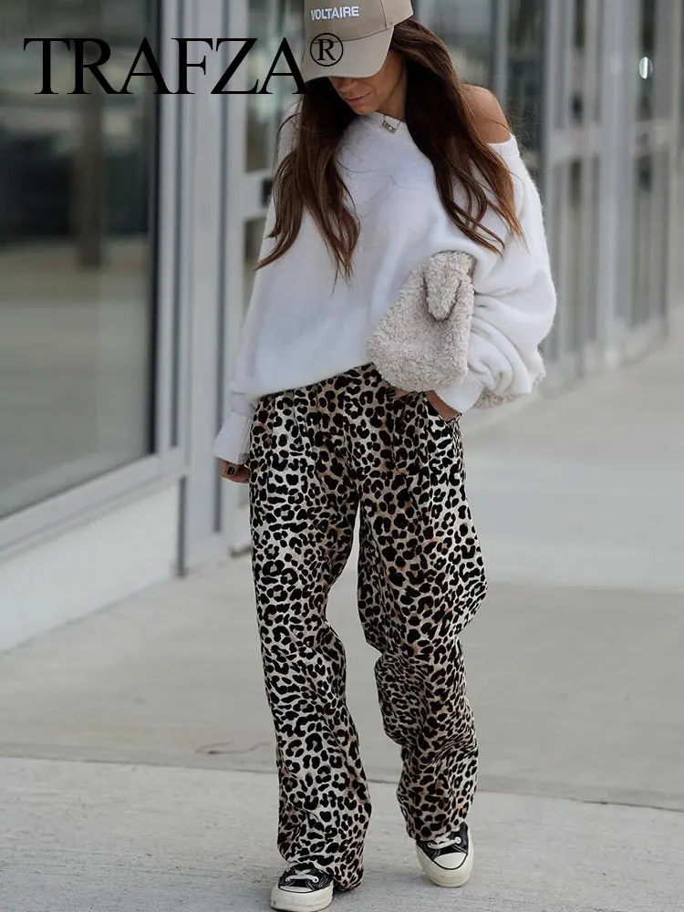 TRAFZA 2024 Women Vintage Y2k Pants High Waist Leopard Print