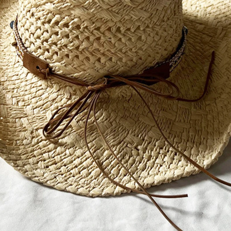 Handmade Woven Cowboy Straw Hat with Large Brim Design Men Women Outdoor Sunshade Fashion Decorative Band Ethnic Style Beach Hat