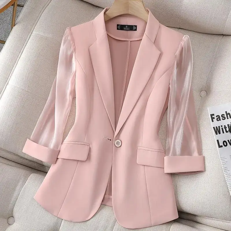 

Summer Women Blazer Coat Notched Collar Three Quarter Sleeve Solid Female Suit Jackets Elegant Temperament OL Ladies Outerwear