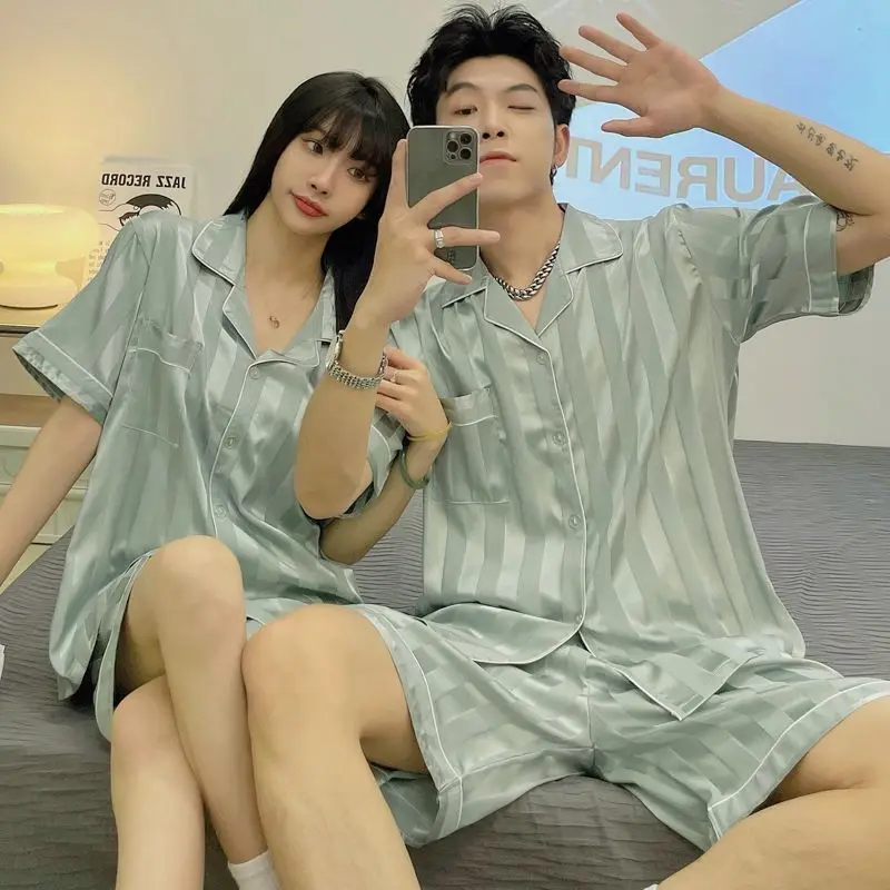 Summer Couple Sleepwear Two Sets (Buy One Get One Free) Pajamas Sets Short Sleeve Cardigan Shorts Silk Homewear Nightwear Suits