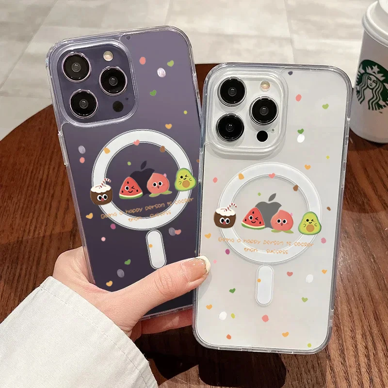 Adorable Fruit Cartoon Shockproof Transparent Phone Case with MagSafe Compatibility