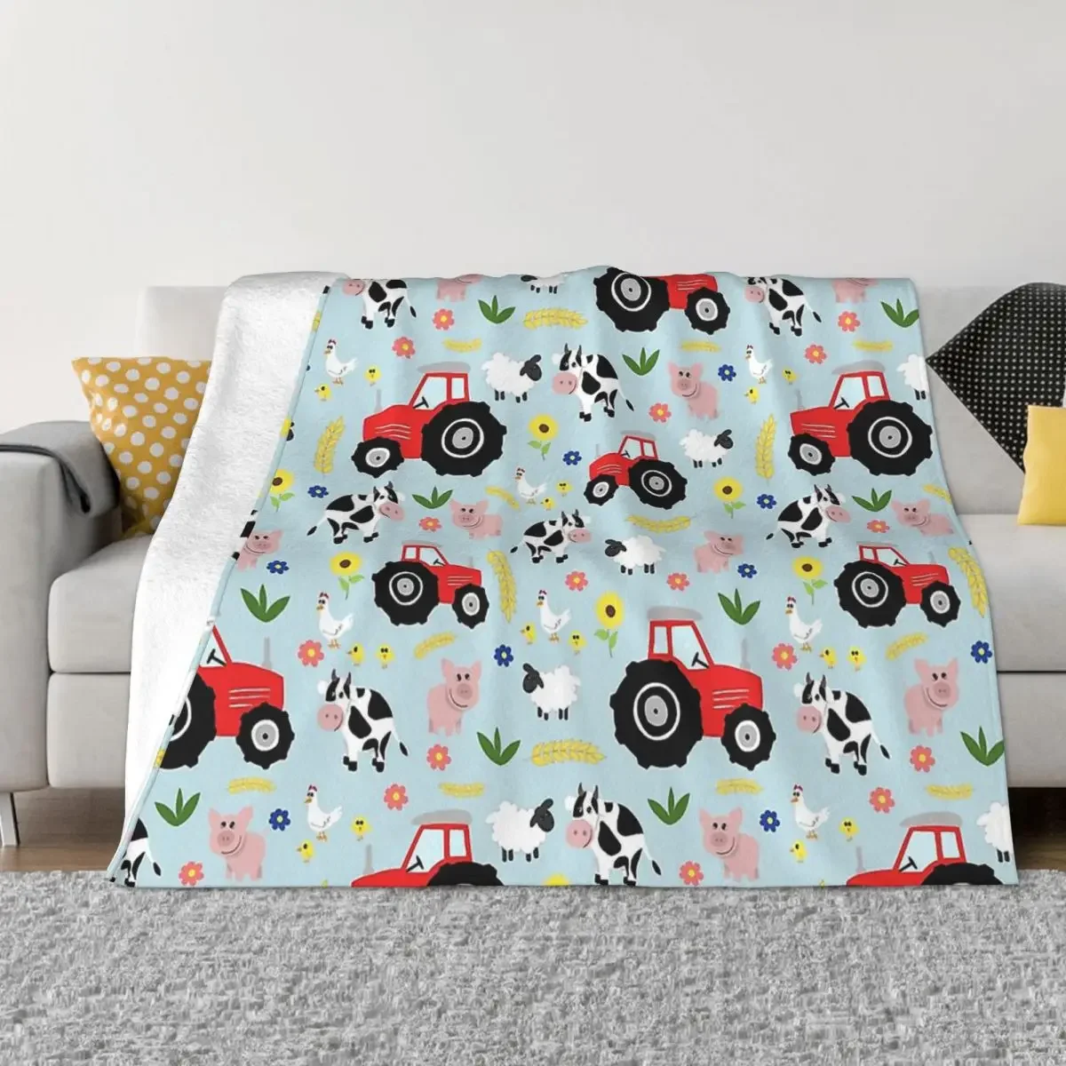 

Cute Cartoon Blanket Flannel Spring Autumn Cute Kids Red Tractor Farm Animal Pattern Warm Throws For Winter Bedding