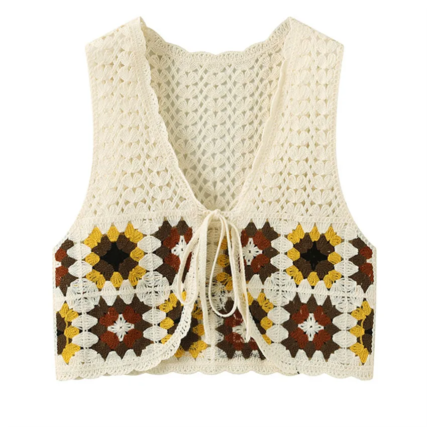 

Vintage Crochet Vest Tops Women Floral Embroidery Kniited Vests Chaleco Mujer Waistcoat Sleeveless Jackets Cropped