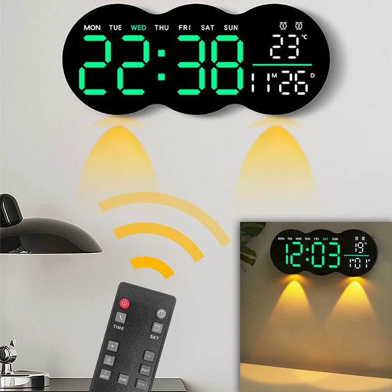 Digital wall clock,smart led wall clock Large Digital Wall Clock Ambient Light Remote Control Temp Week Display 12/24H 2-Alarms Brightness Adjustable LED Clocks