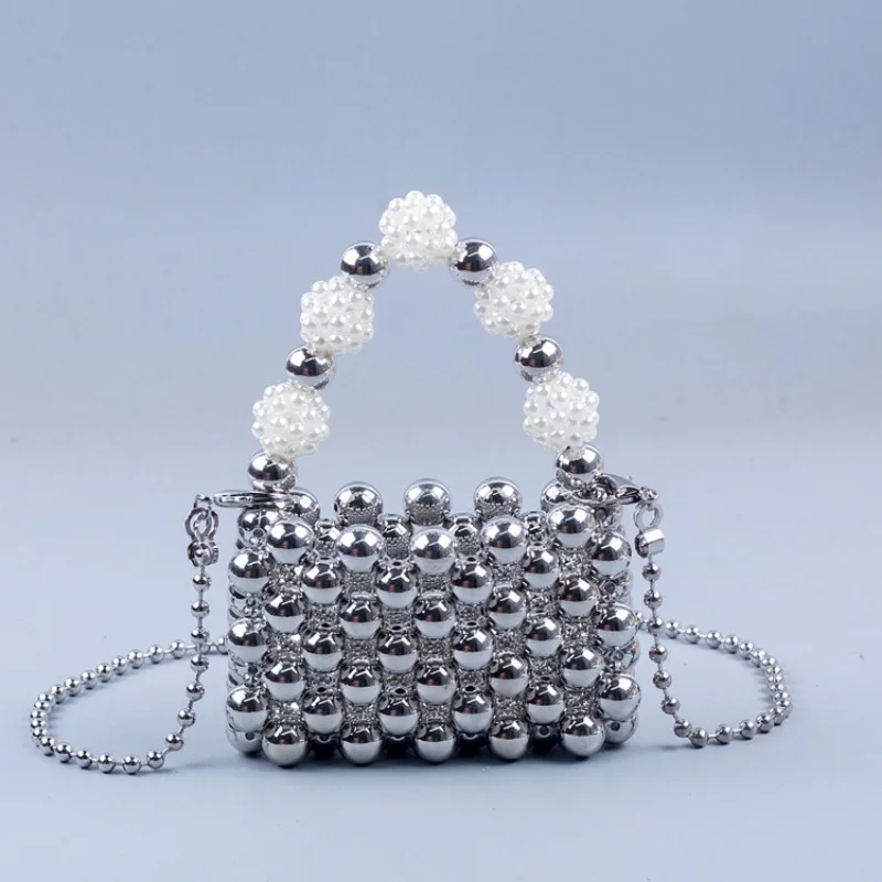 

Mini Metal Silver Evening Bag Handmade Beaded Party Wedding Lipstick Bag Pearl Top-handle Small Purses Female Crossbody Bag 2023