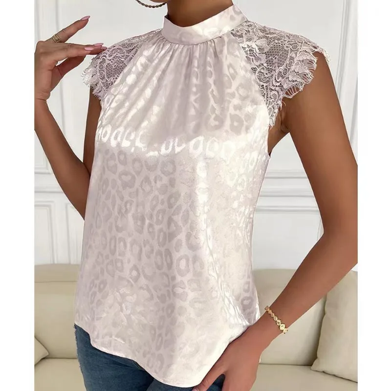 

Женская блузка с воротником-стойкой, кружевная однотонная розовая блузка без рукавов, свободного покроя, лето 2023