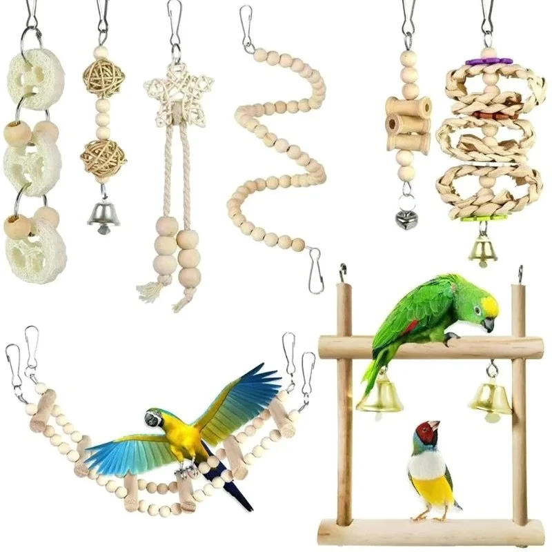 Parrot Chewing Toys Bird Toys Ladder Swings Soft Ladder Wooden Bead Rotating Stairs 8-piece set bird chewing toys