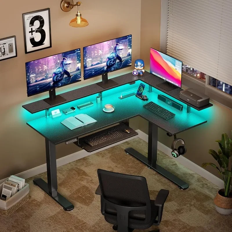 L-shaped Standing Desk with LED Lights and Power Outlets, Dual Motor Height Adjustable, Monitor Stand and Keyboard Tray 2
