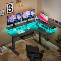 L-shaped Standing Desk with LED Lights and Power Outlets, Dual Motor Height Adjustable, Monitor Stand and Keyboard Tray 2