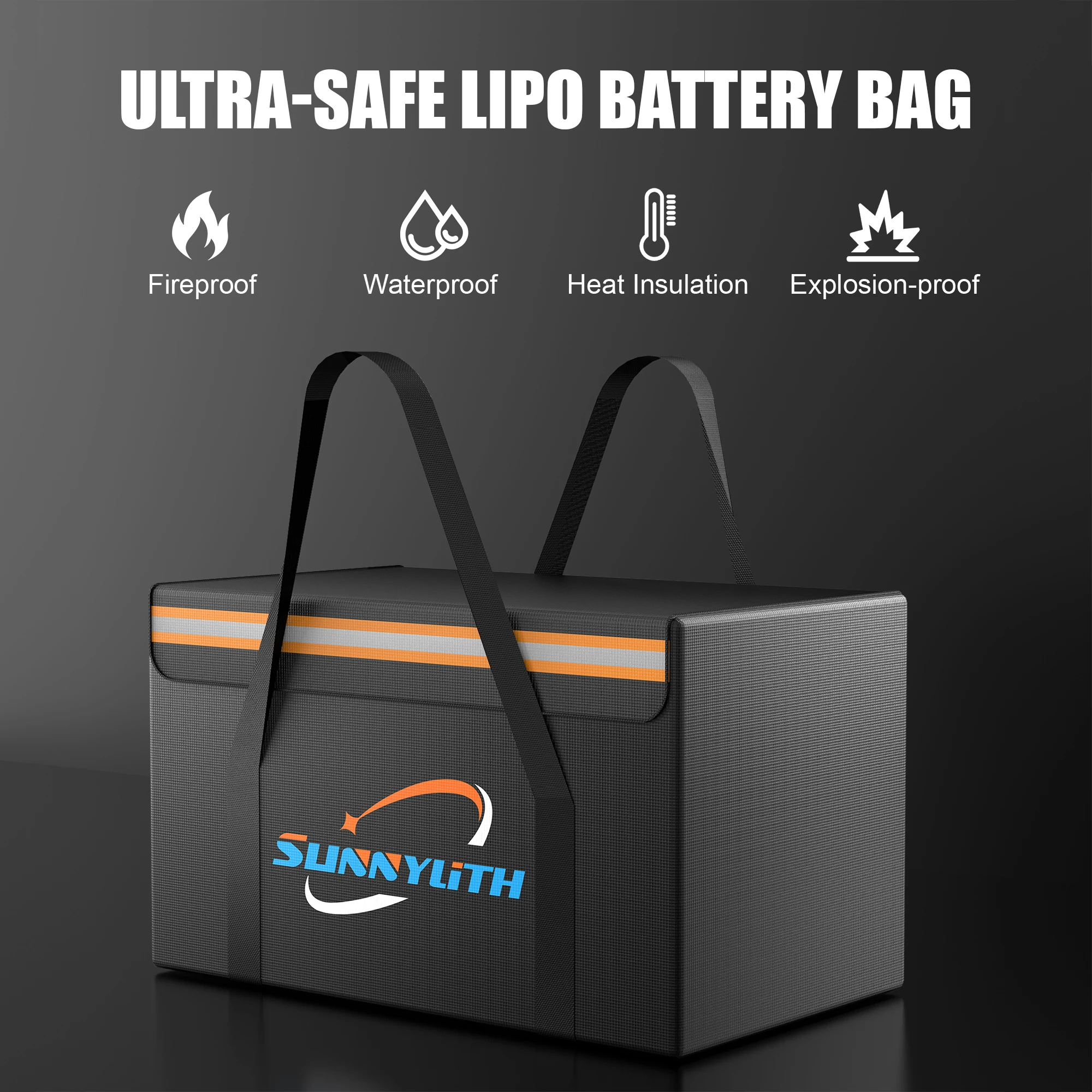 Sac de protection anti-explosion pour batterie drone FPV RC, fermé, avec anse et logo de sécurité ignifuge visible.