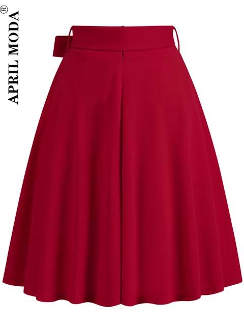 Red women s high waist a line pockets skirt casual summer flared midi skirt s retro