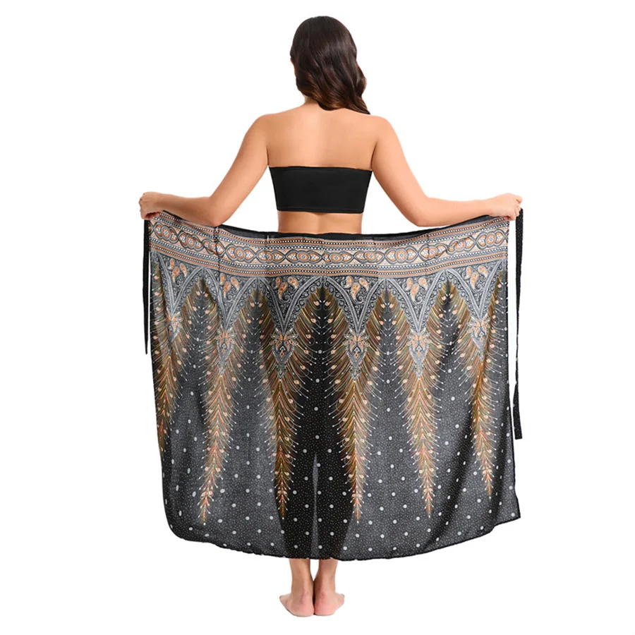 Women’s Boho Maxi Wrap Long Skirt Tie Up Beach Cover Up Dress Vintage Bohemian Adjustable High Waisted Holiday Rayon Dress 4