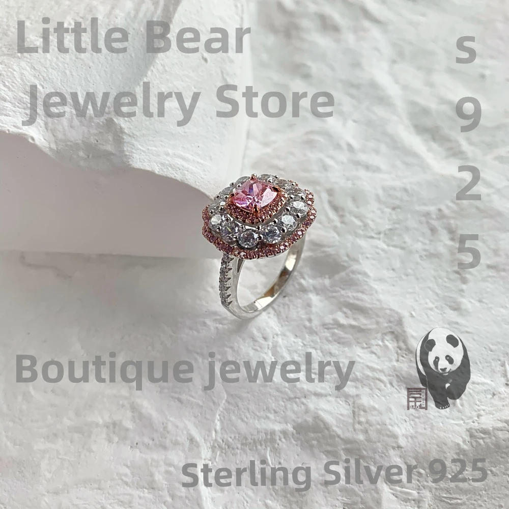 

New Style 925 Silver Pink Diamond Ring Female Index Finger Princess Square Diamond Pink Diamond Ring Female