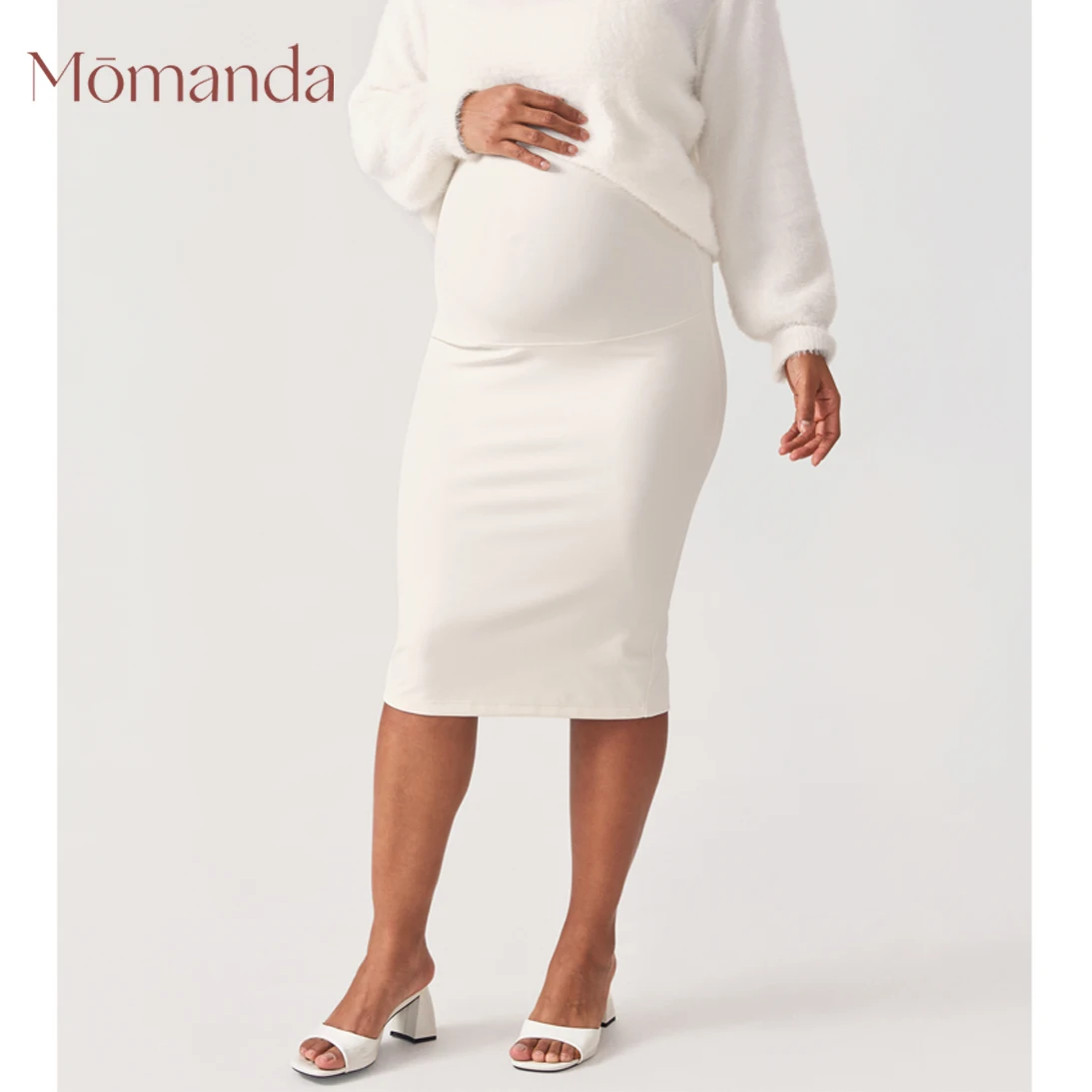 Momanda Women's Maternity Skirt High Waist Midi Skirt Slit Stretchy Casual Pencil