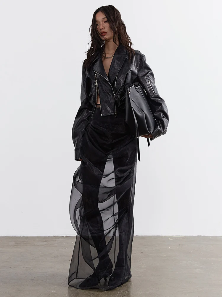 [EAM] High Waist Black Pleated Mesh Irregular Long Elegant Half-body Skirt Women Fashion Tide New Spring Autumn 2026 1DH4715