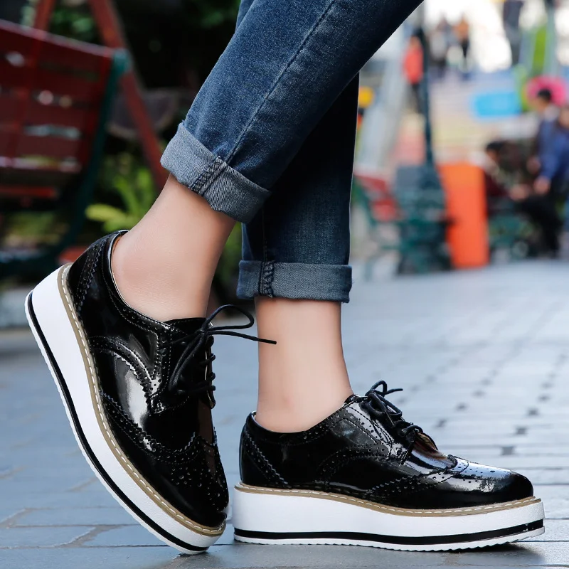 Women Oxford Shoes Derby Platform Flats Brogue Leather Lace Up Classic Bullock Footwear Female For Spring Autumn