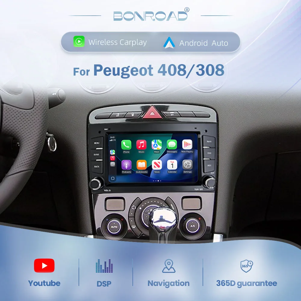BONROAD Radio con pantalla táctil Linux de 7 pulgadas para coche Peugeot 408 2010-2012, reproductor multimedia de vídeo para coche Peugeot 308 SW RZC T7 2007-2013 con Carplay inalámbrico, Android Auto, RDS, DSP, Mirrorlink 1
